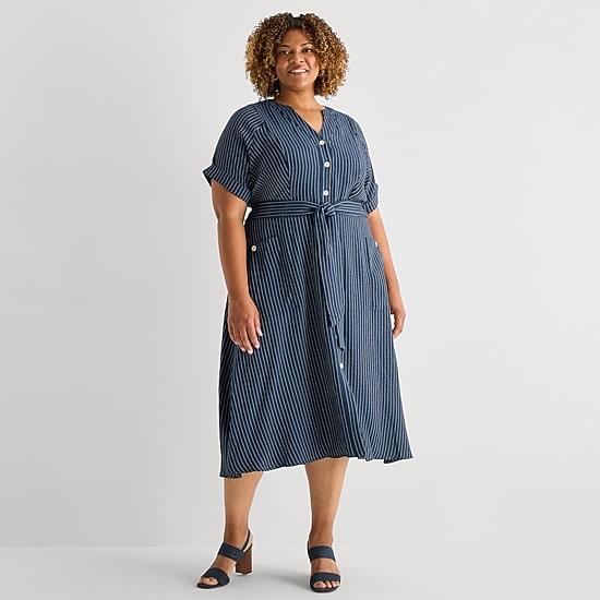 Danny & Nicole Womens Plus Midi V Neck Short Sleeve Cuffed Striped Fit + Flare Dress