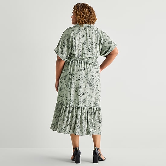 Melonie T Womens Plus Midi Short Sleeve Drop Shoulder Leaf Fit + Flare Dress