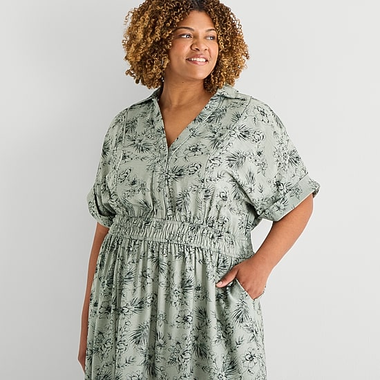 Melonie T Womens Plus Midi Short Sleeve Drop Shoulder Leaf Fit + Flare Dress
