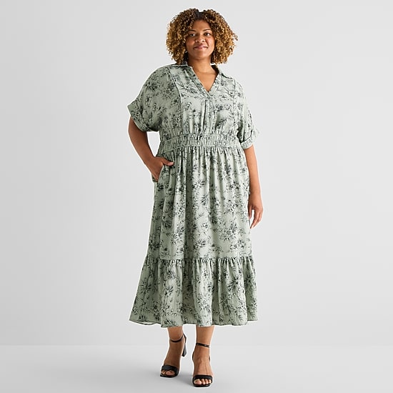 Melonie T Womens Plus Midi Short Sleeve Drop Shoulder Leaf Fit + Flare Dress