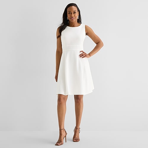 Black Label by Evan-Picone Womens Crew Neck Sleeveless Fit + Flare Dress, 14, White