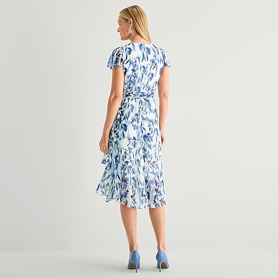 Marc New York Womens Midi V Neck Short Sleeve Flutter Floral Fit + Flare Dress