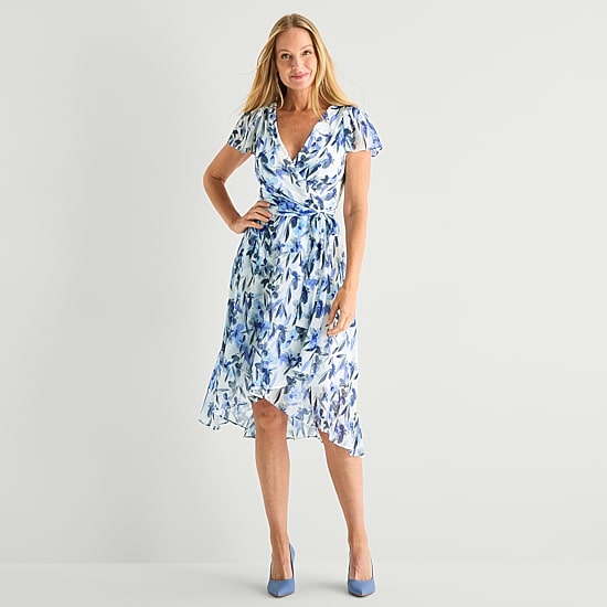 Marc New York Womens Midi V Neck Short Sleeve Flutter Floral Fit + Flare Dress