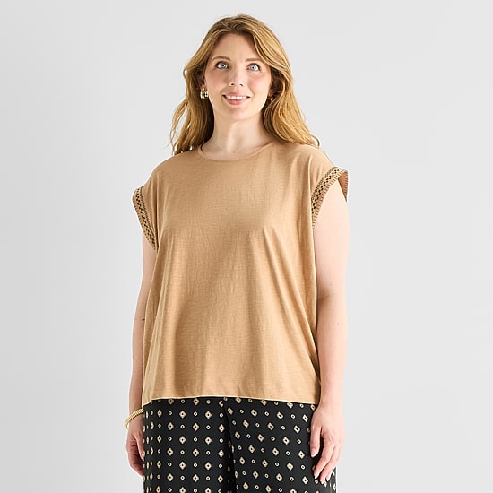 Liz Claiborne Womens Plus Round Neck Short Sleeve Blouse