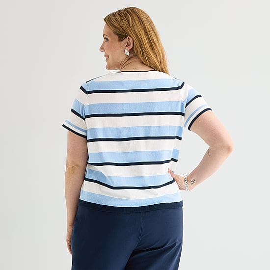 Liz Claiborne Plus Womens Crew Neck Short Sleeve Striped Pullover Sweater