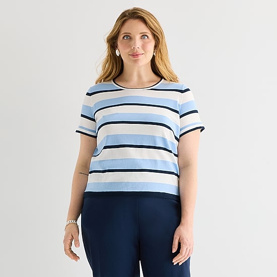 Liz Claiborne Plus Womens Crew Neck Short Sleeve Striped Pullover Sweater