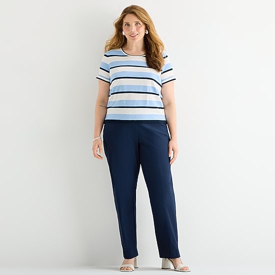 Liz Claiborne Plus Womens Crew Neck Short Sleeve Striped Pullover Sweater