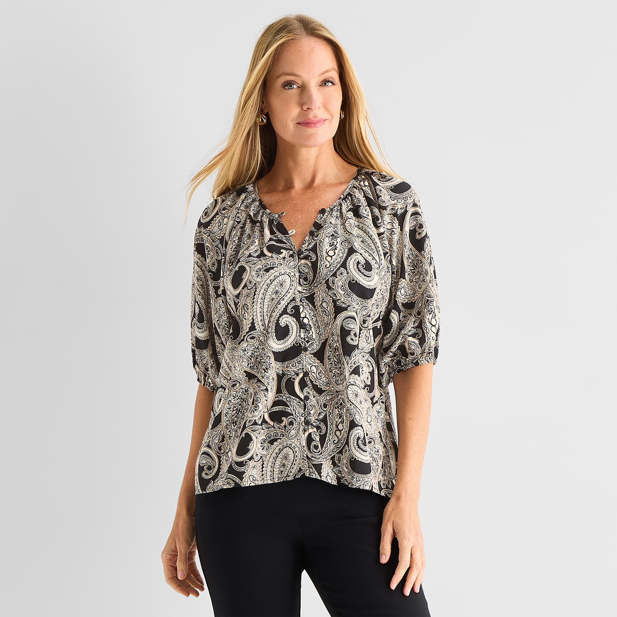 Liz Claiborne Womens Split Crew Neck Short Sleeve Blouse