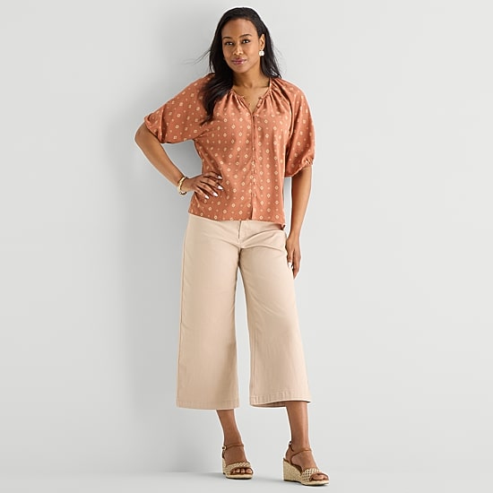 Liz Claiborne Womens Split Crew Neck Short Sleeve Blouse