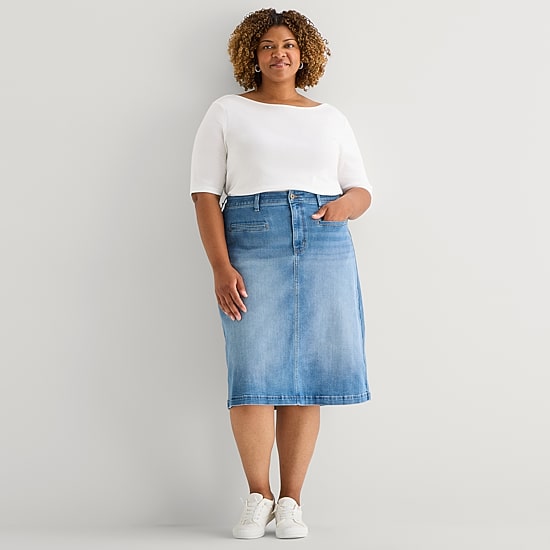 St. John's Bay Womens Plus High Rise Midi Denim Skirt