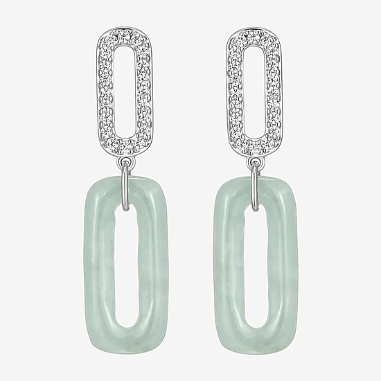 Womens Genuine Green Jade Sterling Silver Paperclip Drop Earrings