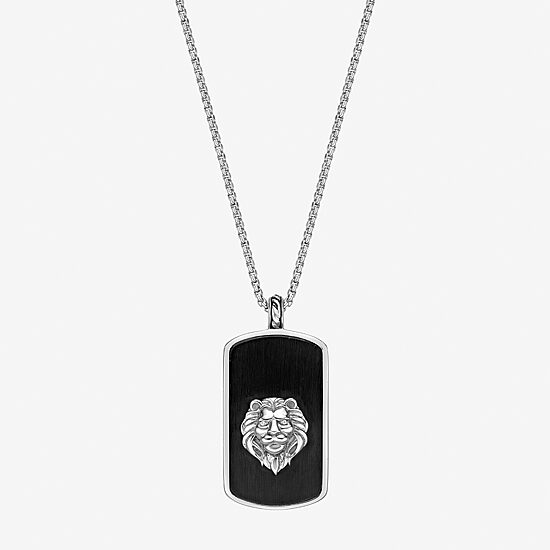 Lion Mens White Cubic Zirconia Stainless Steel Dog Tag 24 Inch Pendant Necklace