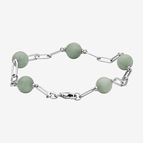 Womens Genuine Green Jade Sterling Silver Strand Bracelet