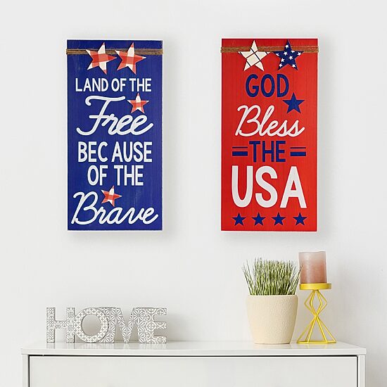 Northlight 23.5in Set Of 2 God Bless The Usa And Land Of The Free Wooden Americana Wood Wall Art