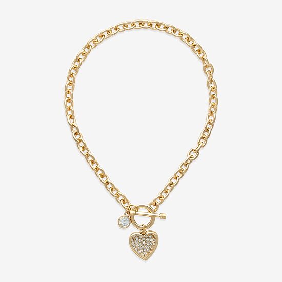 Bold Elements Gold Tone Womens Glass Heart 16 Inch Pendant Necklace