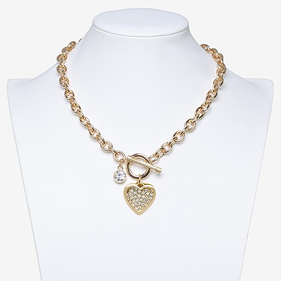 Bold Elements Gold Tone Womens Glass Heart 16 Inch Pendant Necklace