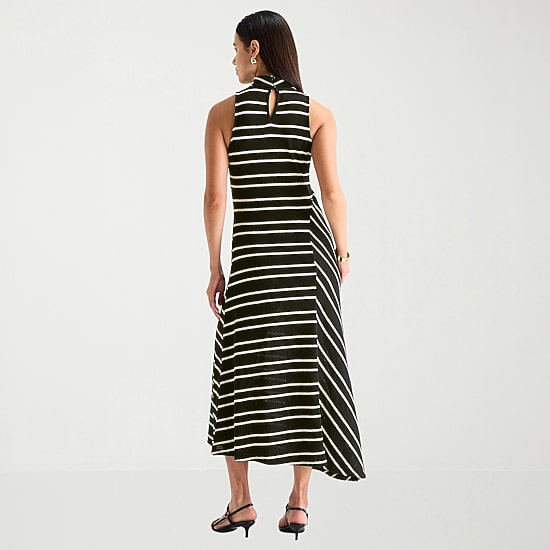 Worthington Womens Tall Midi Mock Neck Sleeveless Striped Fit + Flare Dress