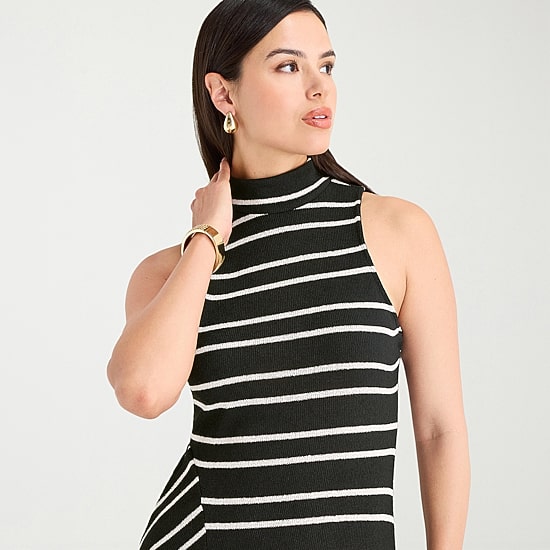 Worthington Womens Tall Midi Mock Neck Sleeveless Striped Fit + Flare Dress