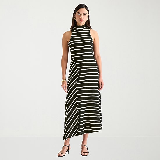 Worthington Womens Tall Midi Mock Neck Sleeveless Striped Fit + Flare Dress