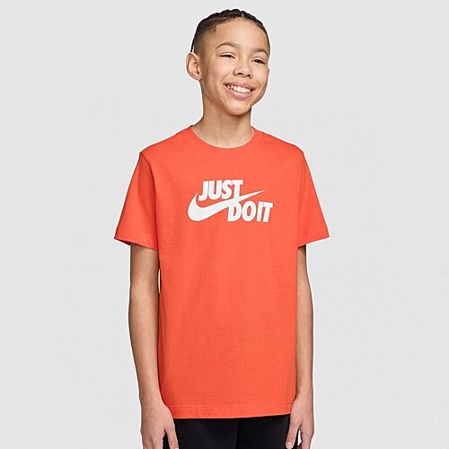 Nike Club Just Do It Big Kid Unisex Crew Neck Short Sleeve Regular Fit Graphic T-Shirt, Medium, Orange