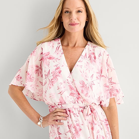 Studio 1 Womens Petite V Neck Short Sleeve Kimono Maxi Dress