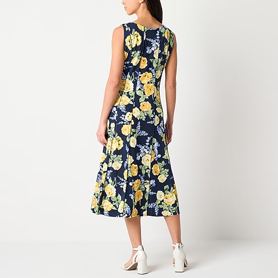 Perceptions Womens Petite Midi Round Neck Sleeveless Floral Fit + Flare Dress