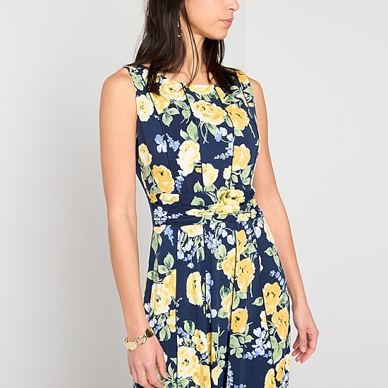 Perceptions Womens Petite Midi Round Neck Sleeveless Floral Fit + Flare Dress