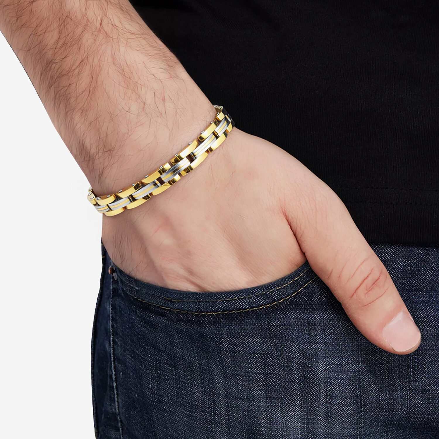 Mens 14K Gold Over Stainless Steel Solid 8 / Inch Link Bracelet