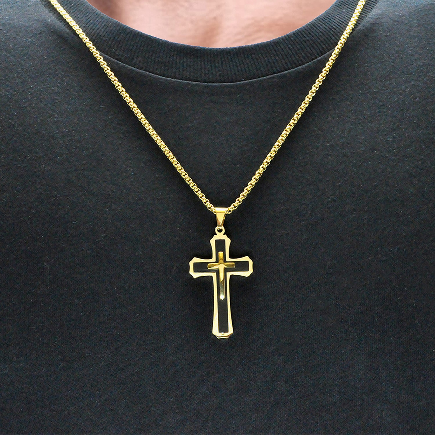 Cross Mens 14K Gold Over Stainless Steel Cross 24 Inch Pendant Necklace