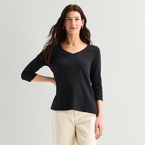 St. John's Bay Womens Easy-on + Easy-off V Neck 3/4 Sleeve Adaptive T-shirt In Black