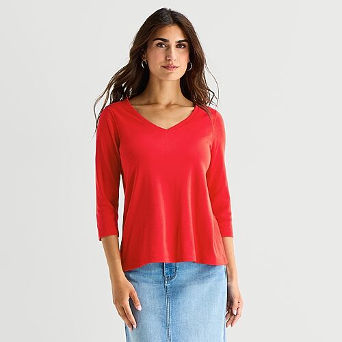 St. John's Bay Womens Easy-on + Easy-off V Neck 3/4 Sleeve Adaptive T-shirt In Red