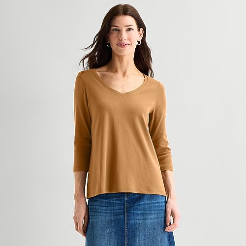 St. John's Bay Womens Easy-on + Easy-off V Neck 3/4 Sleeve Adaptive T-shirt In Brown