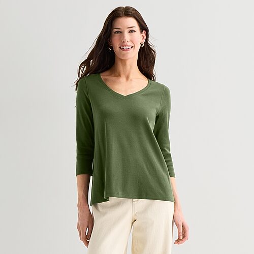 St. John's Bay Womens Easy-on + Easy-off V Neck 3/4 Sleeve Adaptive T-shirt In Green