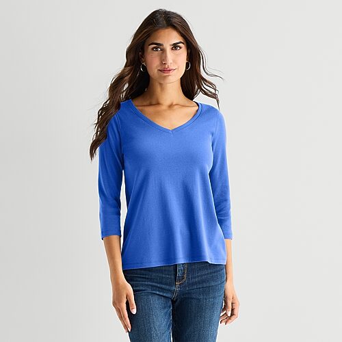 St. John's Bay Womens Easy-on + Easy-off V Neck 3/4 Sleeve Adaptive T-shirt In Blue