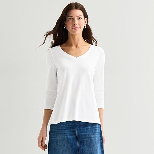 St. John's Bay Womens Easy-on + Easy-off V Neck 3/4 Sleeve Adaptive T-shirt In White