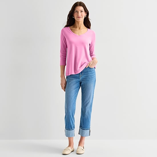 St. John's Bay Womens Easy-on + Easy-off V Neck 3/4 Sleeve Adaptive T-Shirt