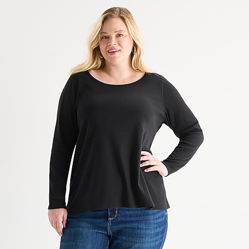 St. John's Bay Womens Plus Easy-on + Easy-off Crew Neck Long Sleeve Adaptive T-shirt In Black