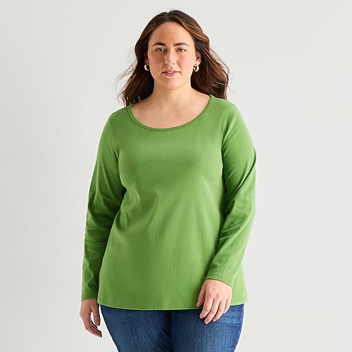 St. John's Bay Womens Plus Easy-on + Easy-off Crew Neck Long Sleeve Adaptive T-shirt In Green