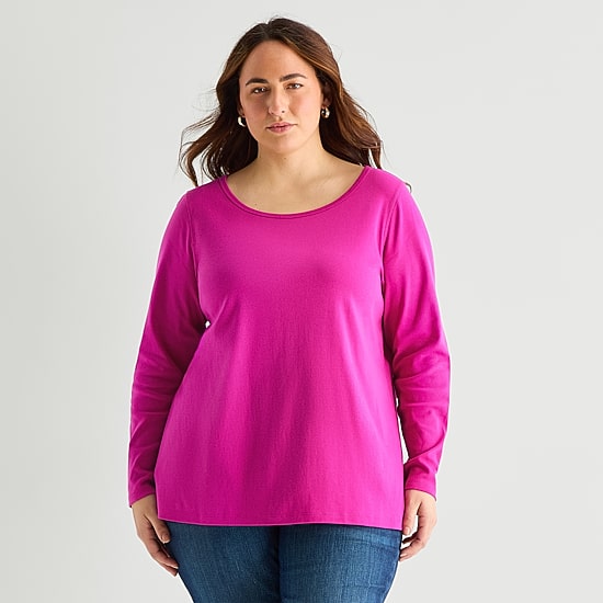 St. John's Bay Womens Plus Easy-on + Easy-off Crew Neck Long Sleeve Adaptive T-Shirt