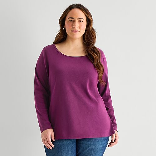 St. John's Bay Womens Plus Easy-on + Easy-off Crew Neck Long Sleeve Adaptive T-shirt In Red