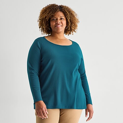 St. John's Bay Womens Plus Easy-on + Easy-off Crew Neck Long Sleeve Adaptive T-shirt In Blue