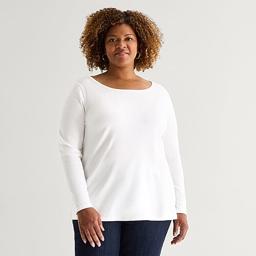 St. John's Bay Womens Plus Easy-on + Easy-off Crew Neck Long Sleeve Adaptive T-shirt In White