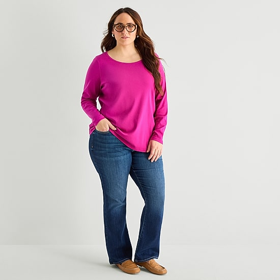 St. John's Bay Womens Plus Easy-on + Easy-off Crew Neck Long Sleeve Adaptive T-Shirt