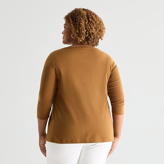 St. John's Bay Womens Plus Easy-on + Easy-off V Neck 3/4 Sleeve Adaptive T-Shirt