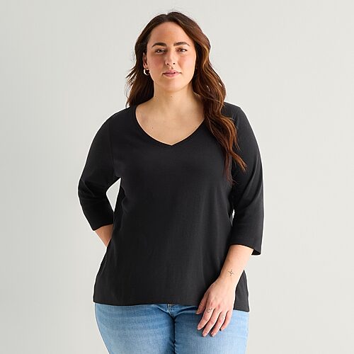 St. John's Bay Womens Plus Easy-on + Easy-off V Neck 3/4 Sleeve Adaptive T-shirt In Black