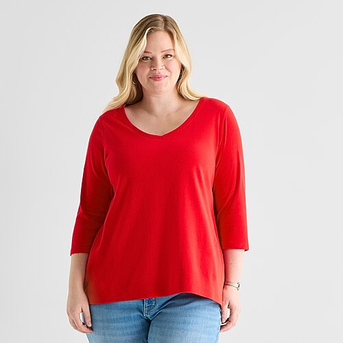 St. John's Bay Womens Plus Easy-on + Easy-off V Neck 3/4 Sleeve Adaptive T-shirt In Red
