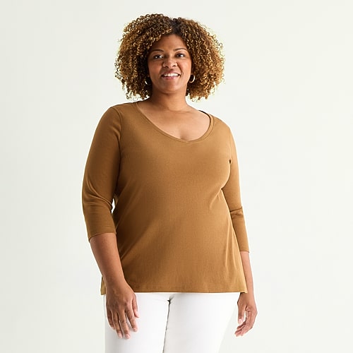 St. John's Bay Womens Plus Easy-on + Easy-off V Neck 3/4 Sleeve Adaptive T-shirt In Brown
