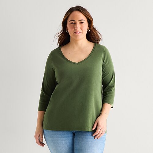 St. John's Bay Womens Plus Easy-on + Easy-off V Neck 3/4 Sleeve Adaptive T-shirt In Green