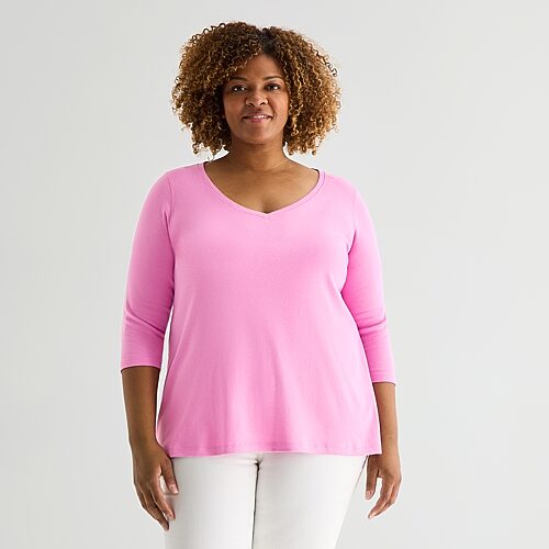 St. John's Bay Womens Plus Easy-on + Easy-off V Neck 3/4 Sleeve Adaptive T-shirt In Pink