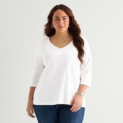 St. John's Bay Womens Plus Easy-on + Easy-off V Neck 3/4 Sleeve Adaptive T-shirt In White